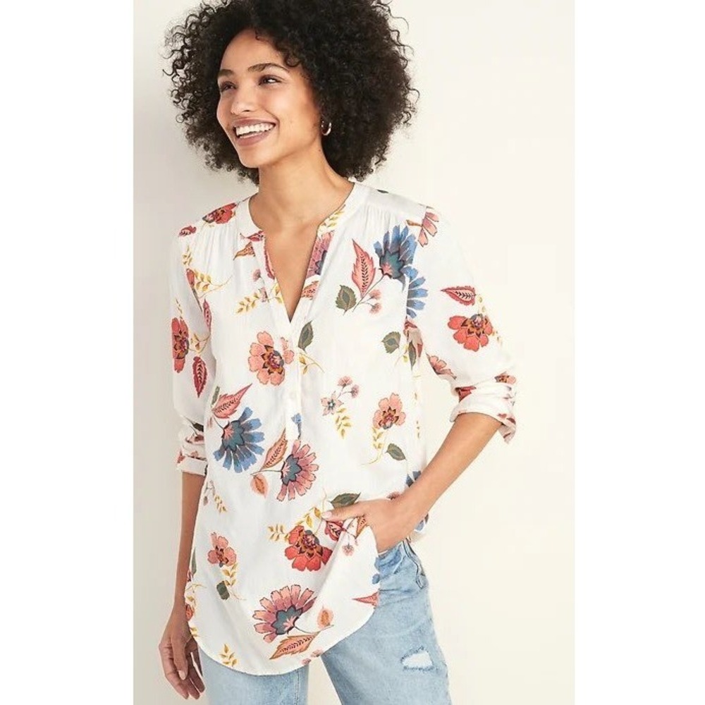 Old Navy Popover Tunic Women Medium White Floral Lightweight Blouse Boho Preppy